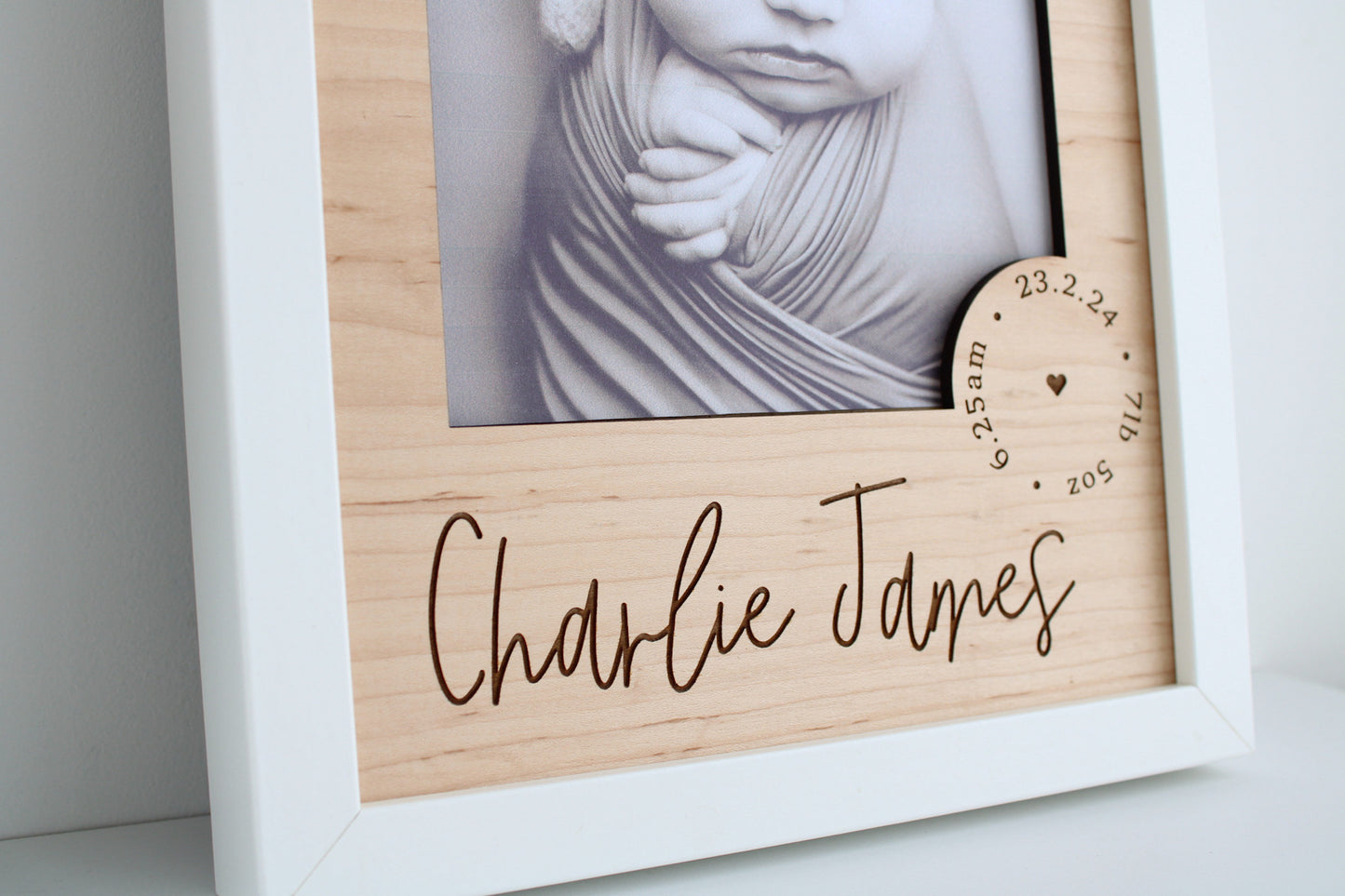 Personalised wooden picture mount for a new baby photo frame
