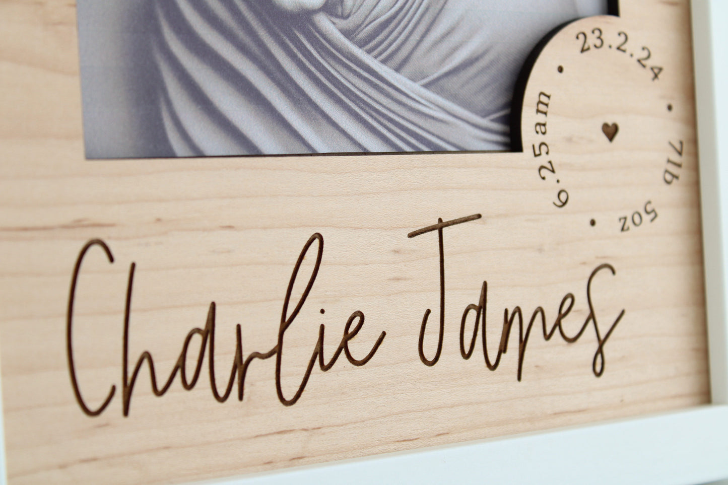 Personalised wooden picture mount for a new baby photo frame