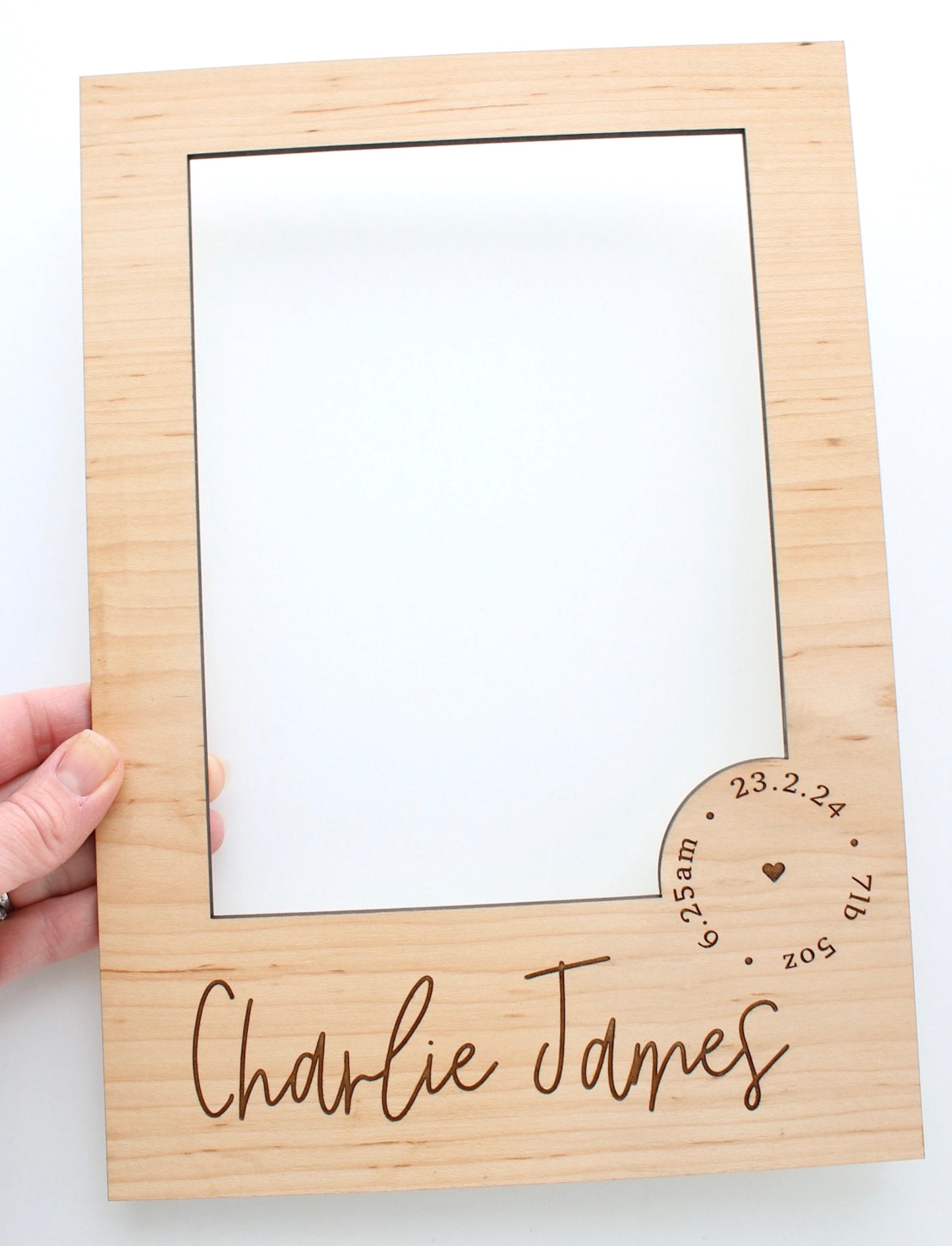 Personalised wooden picture mount for a new baby photo frame