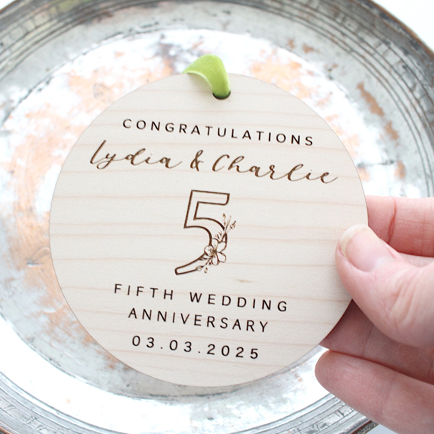 Personalised 5th Wedding Anniversary Ornament: Floral Engraved Keepsake