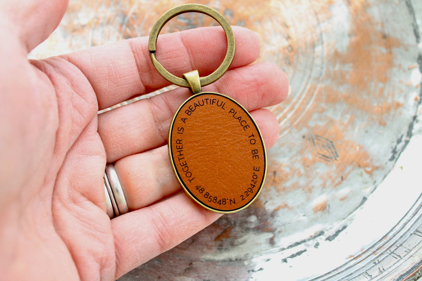 Oval leather personalised co-ordinates keyring