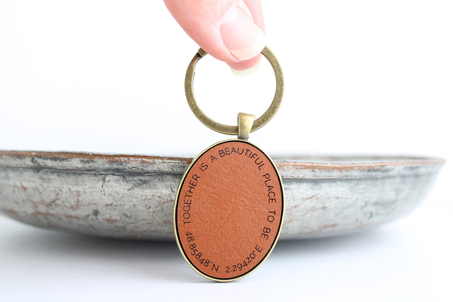 Oval leather personalised co-ordinates keyring