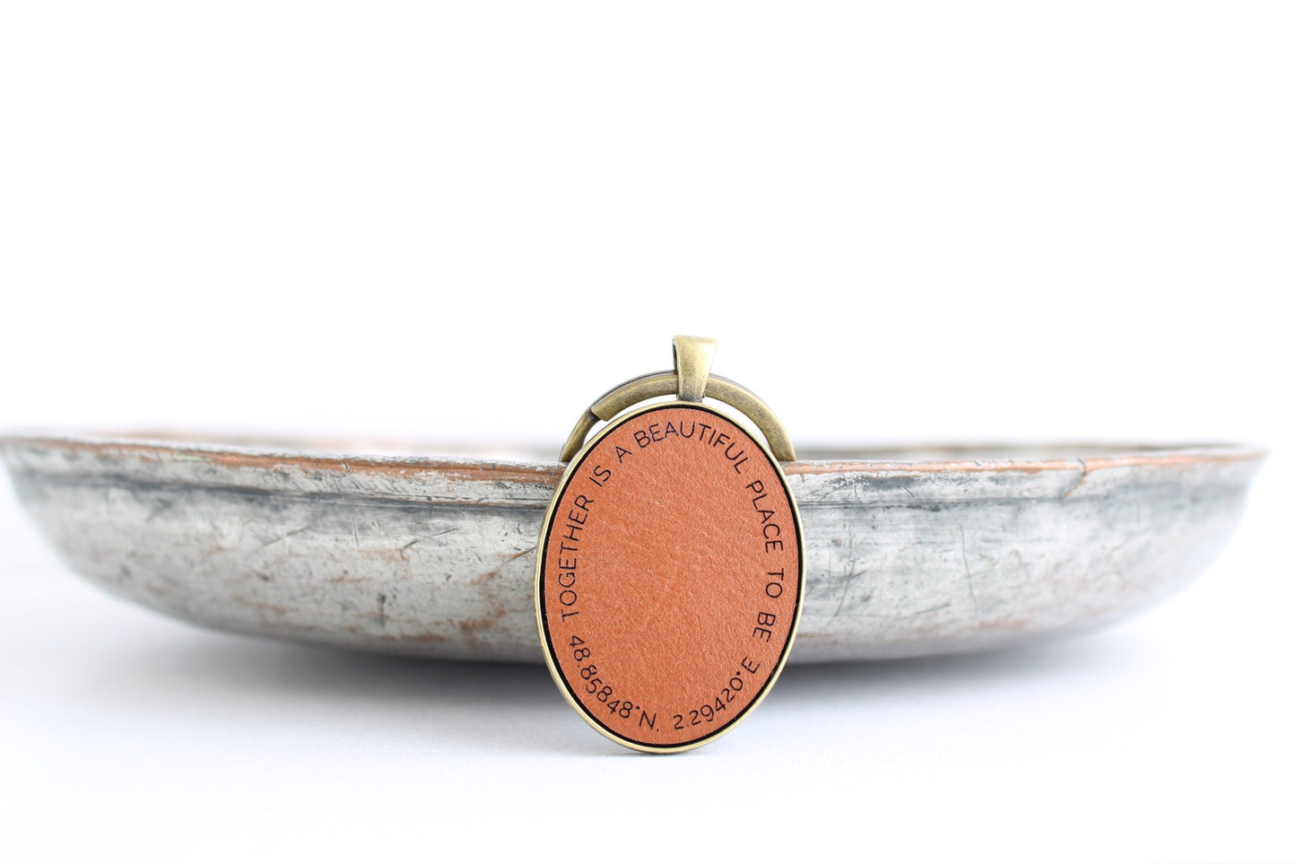 Oval leather personalised co-ordinates keyring