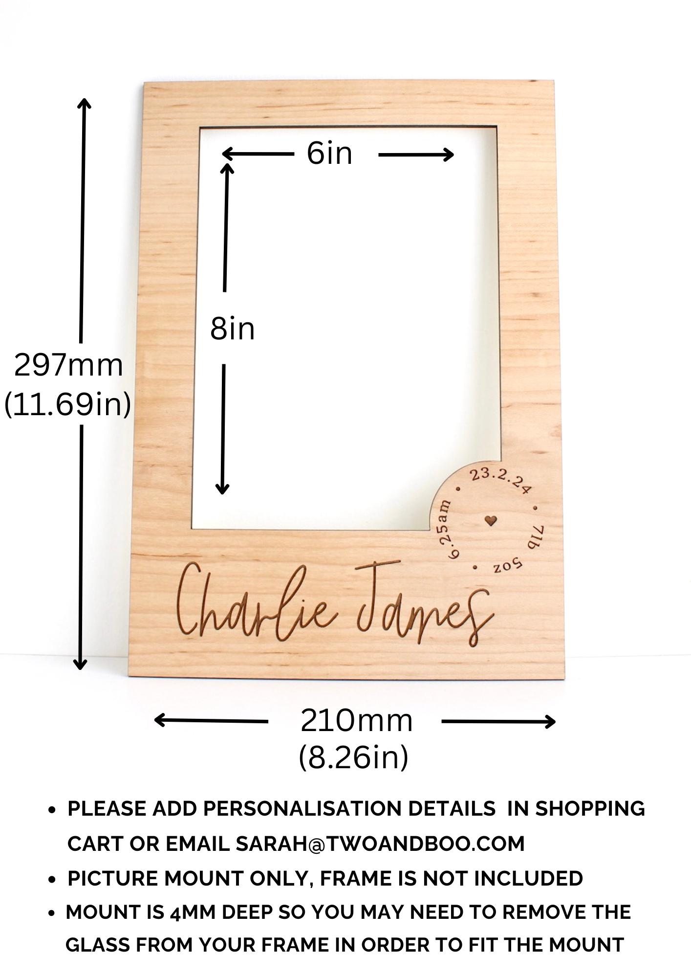 Personalised wooden picture mount for a new baby photo frame