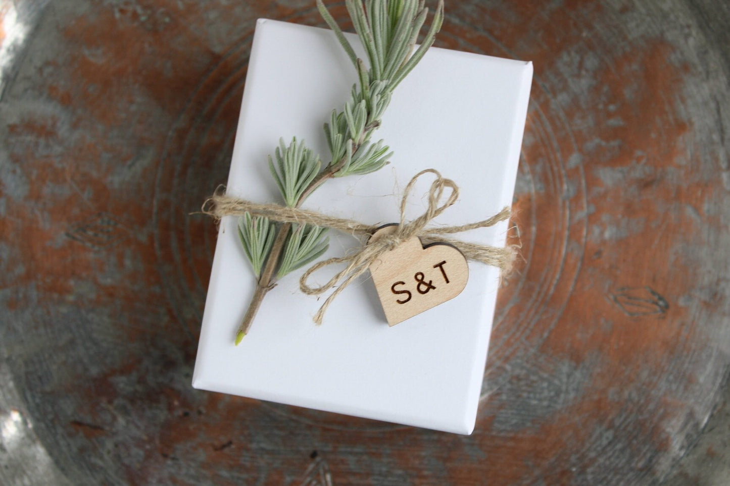 Wooden wedding favour tags engraved with initials
