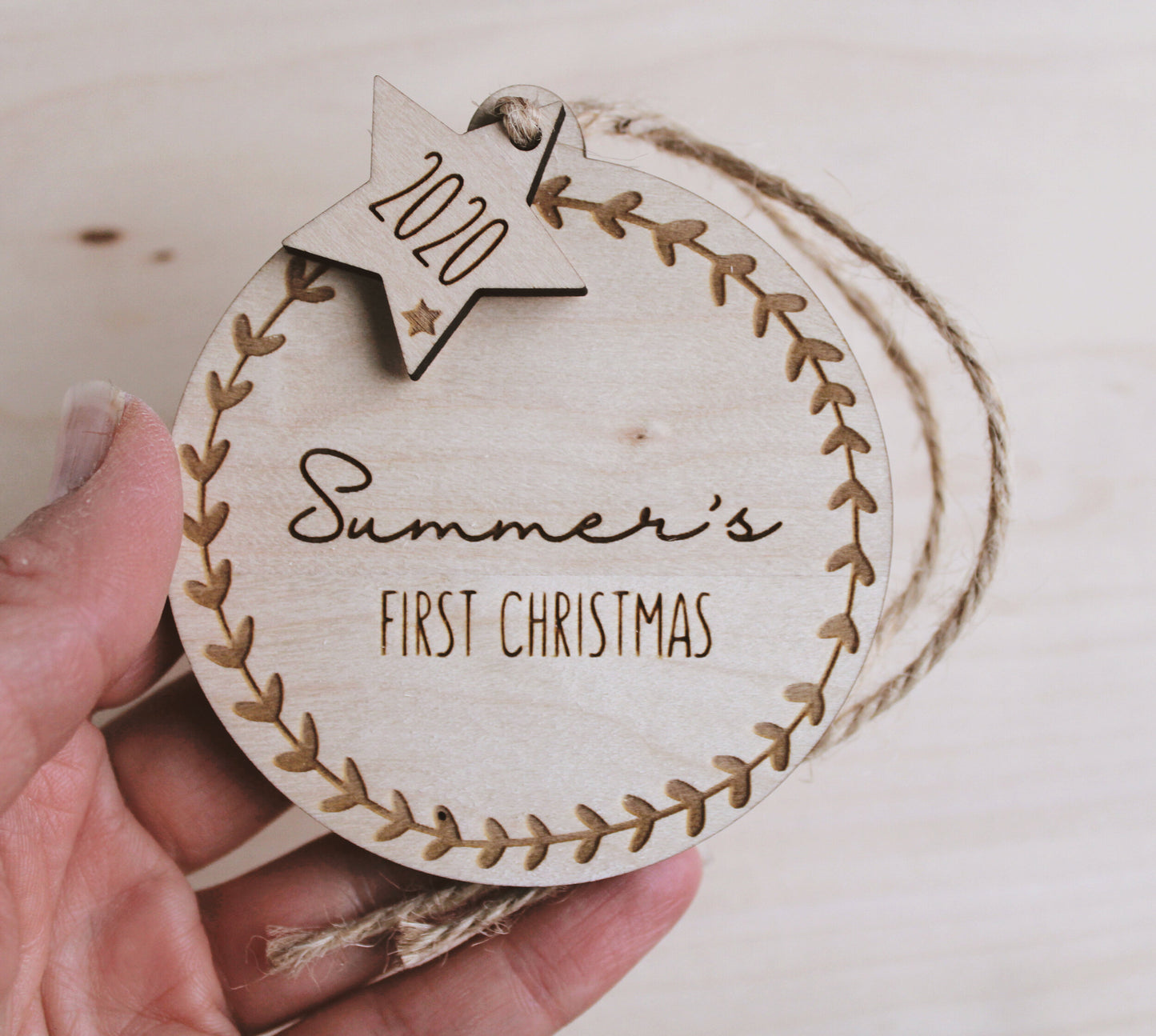 Wooden First Christmas bauble decoration