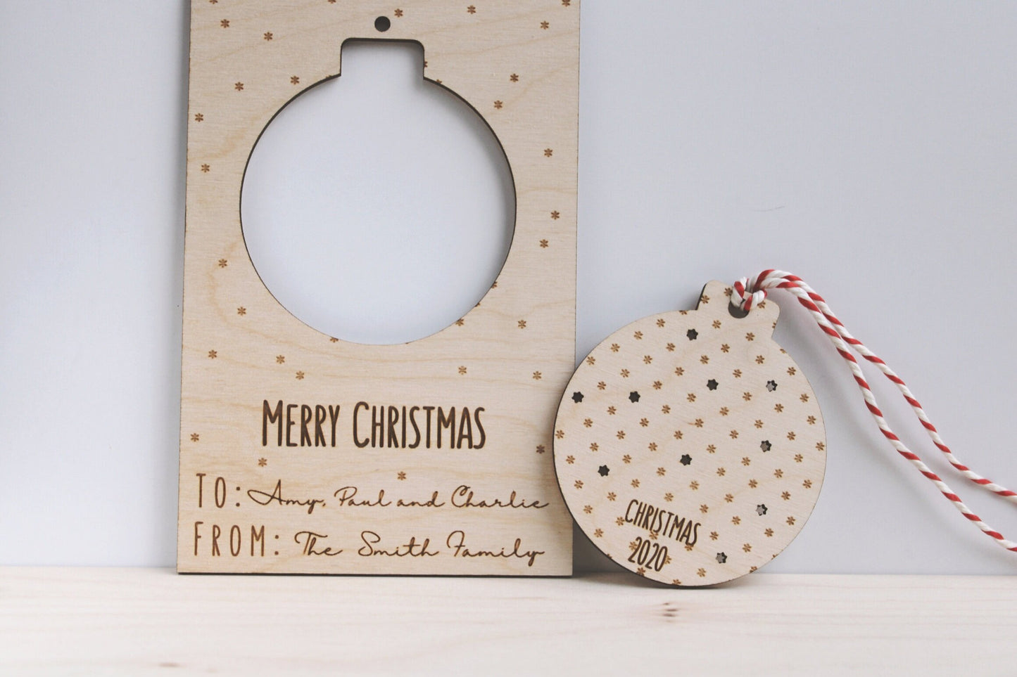Wooden postcard with removable decoration, Christmas letterbox gift