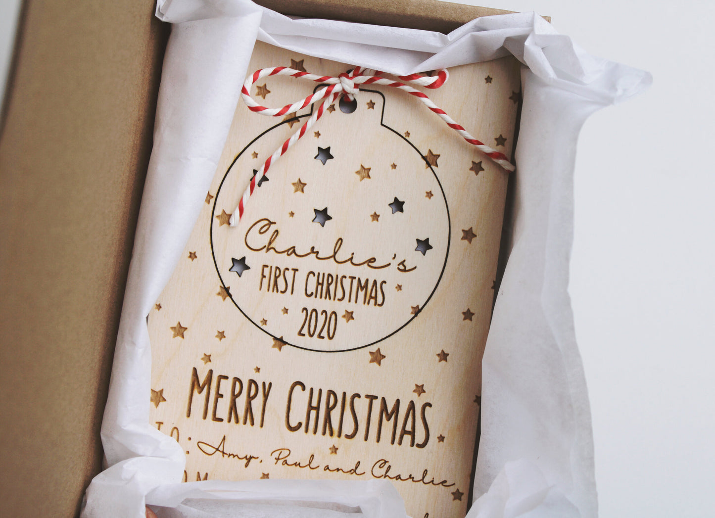 Wooden postcard with removable decoration, Christmas letterbox gift
