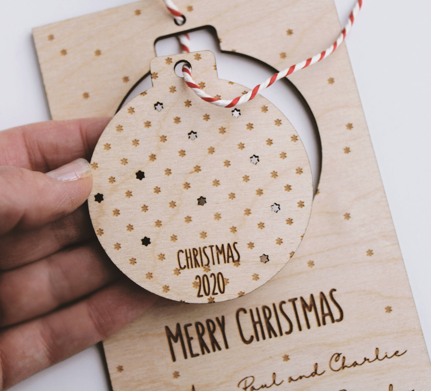 Wooden postcard with removable decoration, Christmas letterbox gift