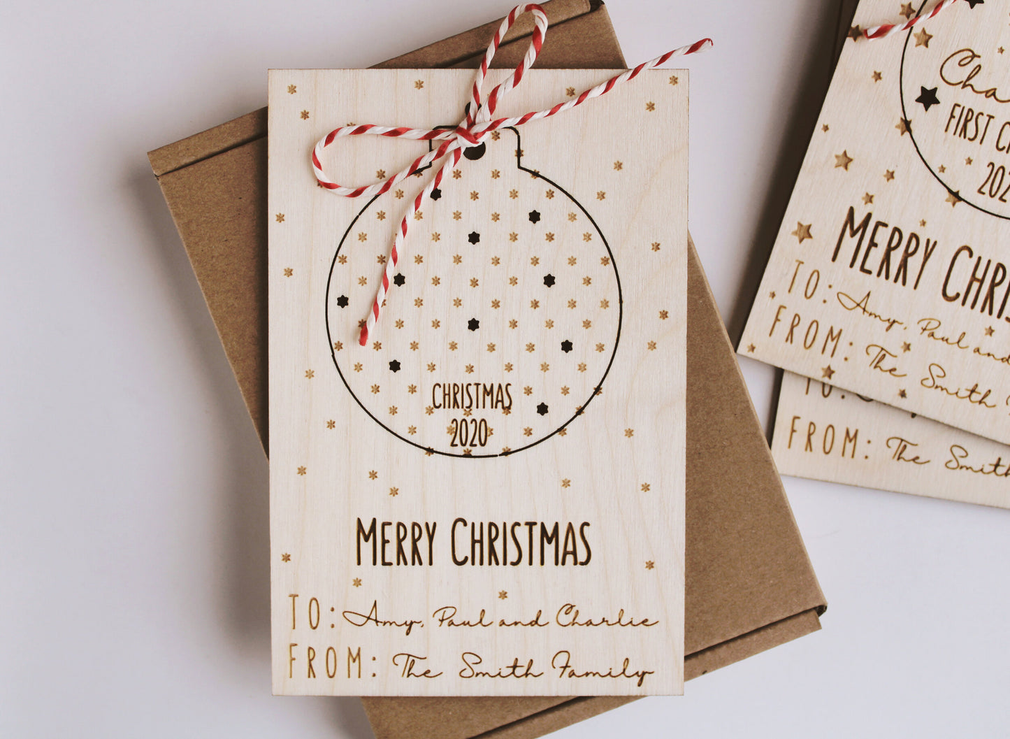 Wooden postcard with removable decoration, Christmas letterbox gift
