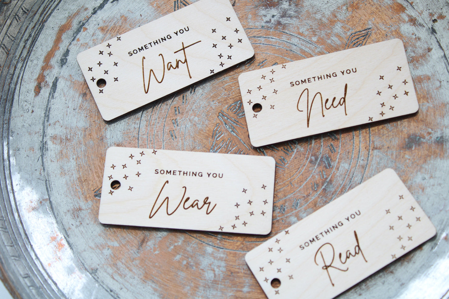 Something you want, need, wear, read gift tags, 4 gift rule tags, wooden gift tags