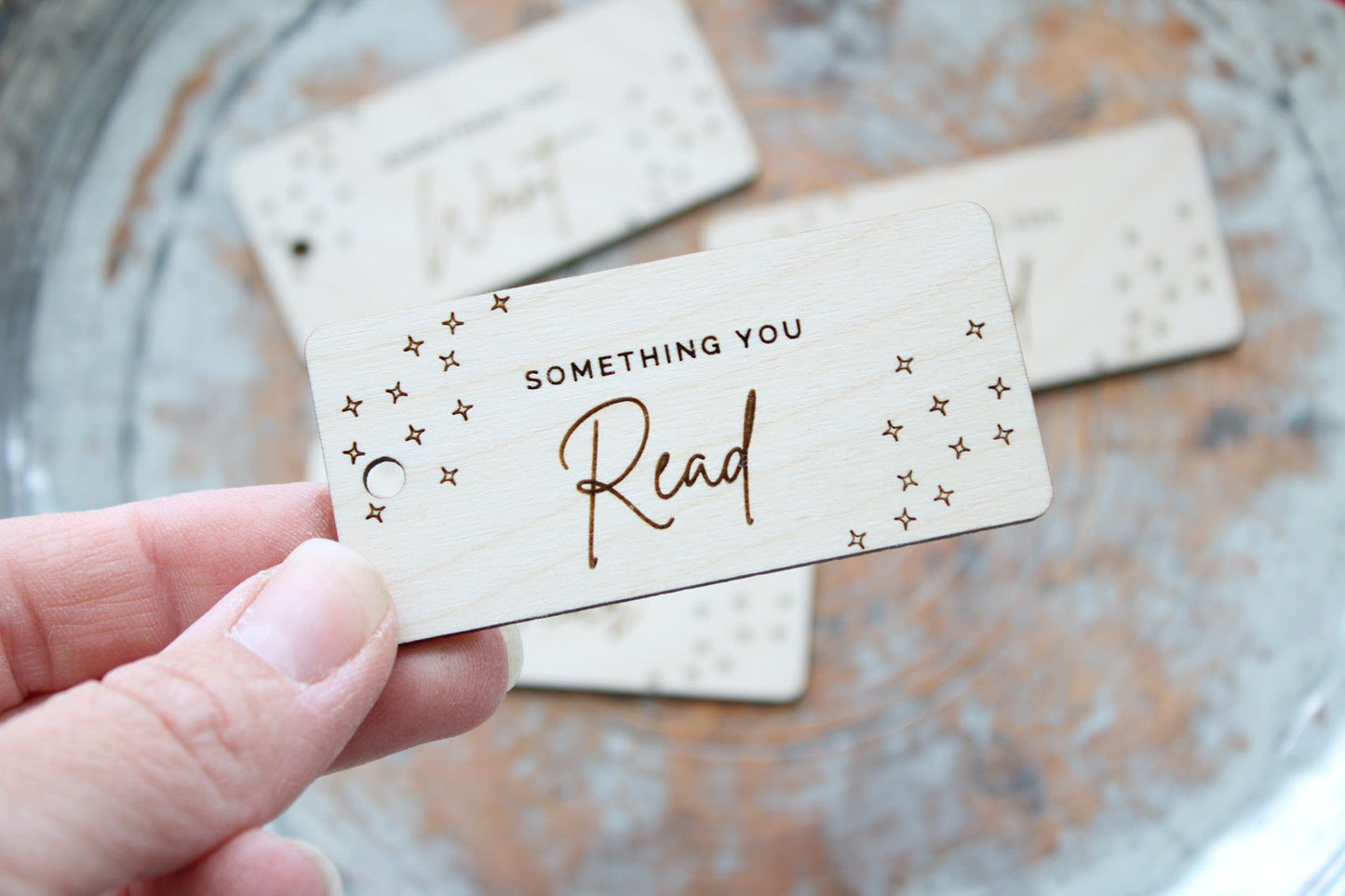 Something you want, need, wear, read gift tags, 4 gift rule tags, wooden gift tags