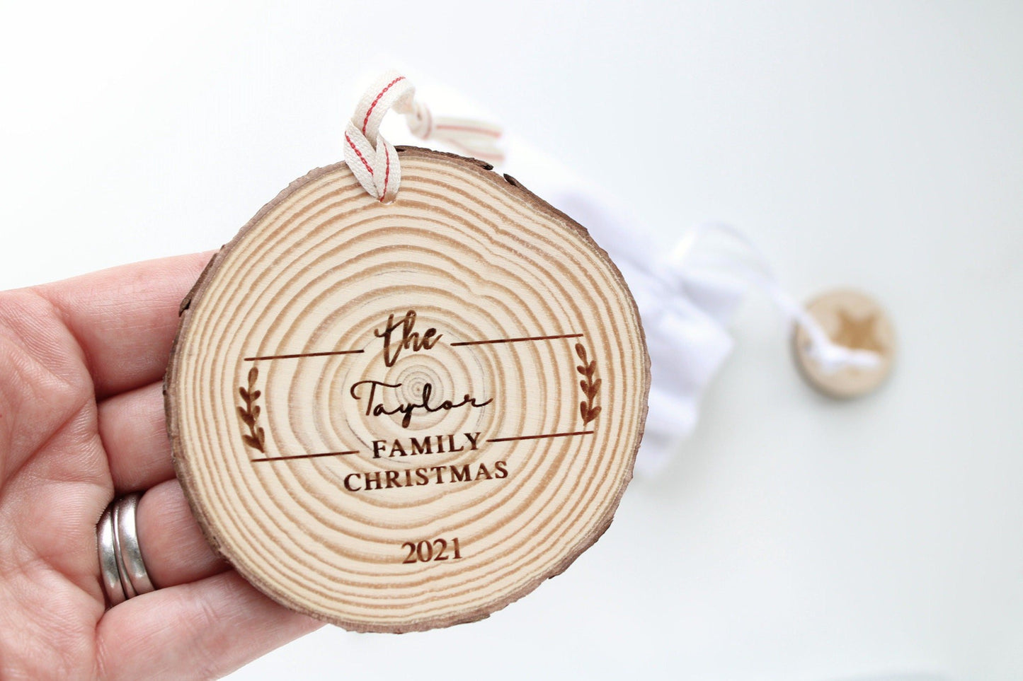 Wood Slice Family surname Christmas bauble