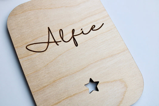 Wooden baby name door hanger with star/heart cut-out