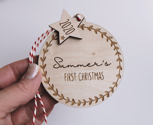Personalised First Christmas bauble decoration with star tag