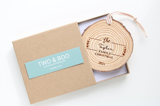 Wood Slice Family surname Christmas bauble