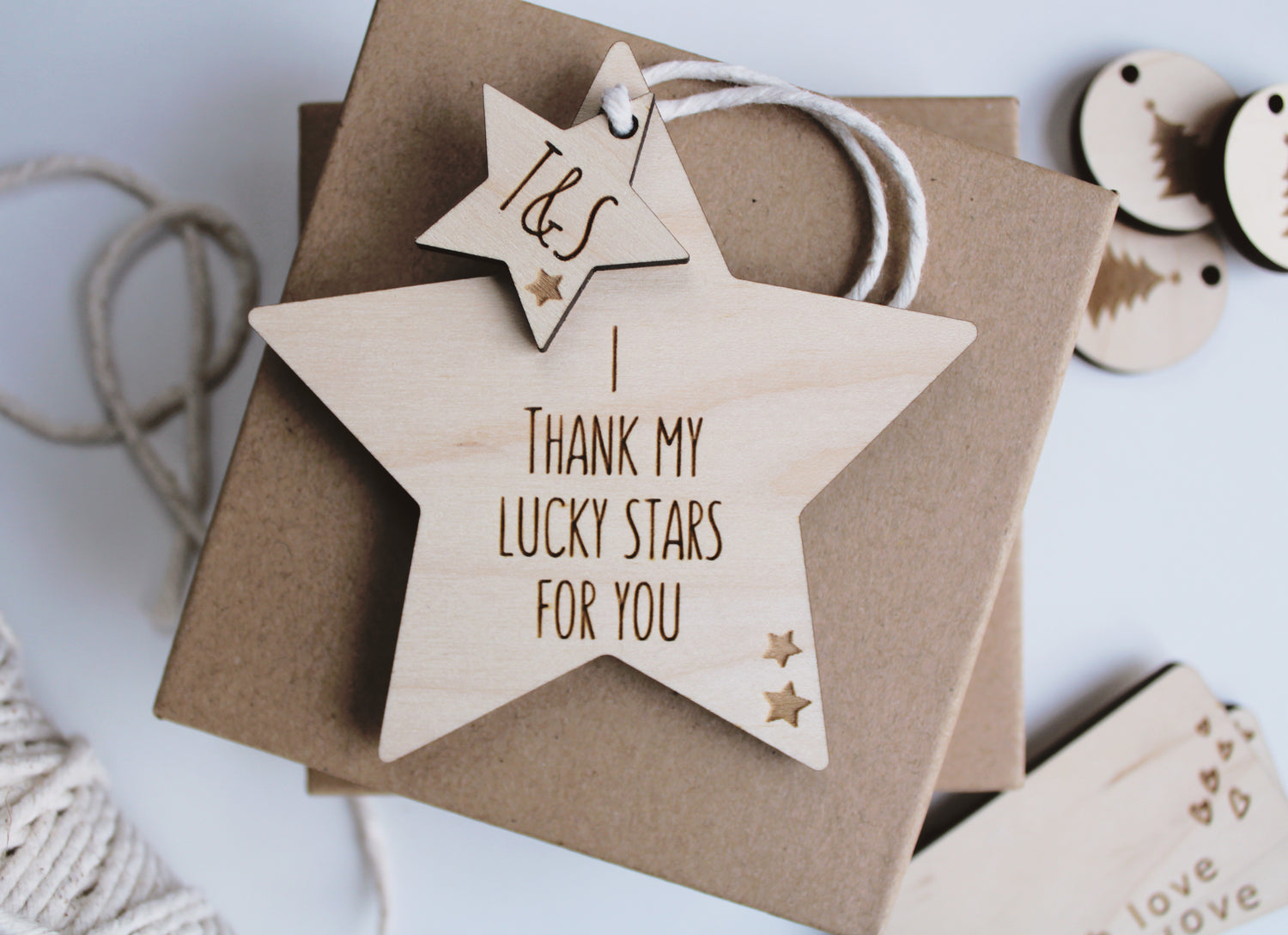 Star shaped ornament made from maple veneer and engraved with I thank my lucky stars for you