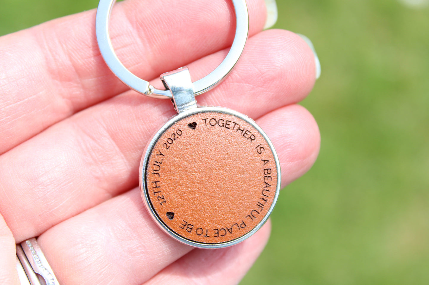 'Together is a beautiful place to be' leather keyring
