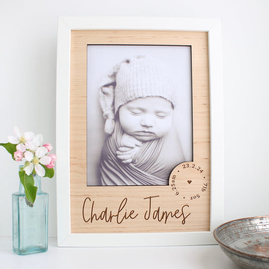 Personalised wooden picture mount for a new baby photo frame