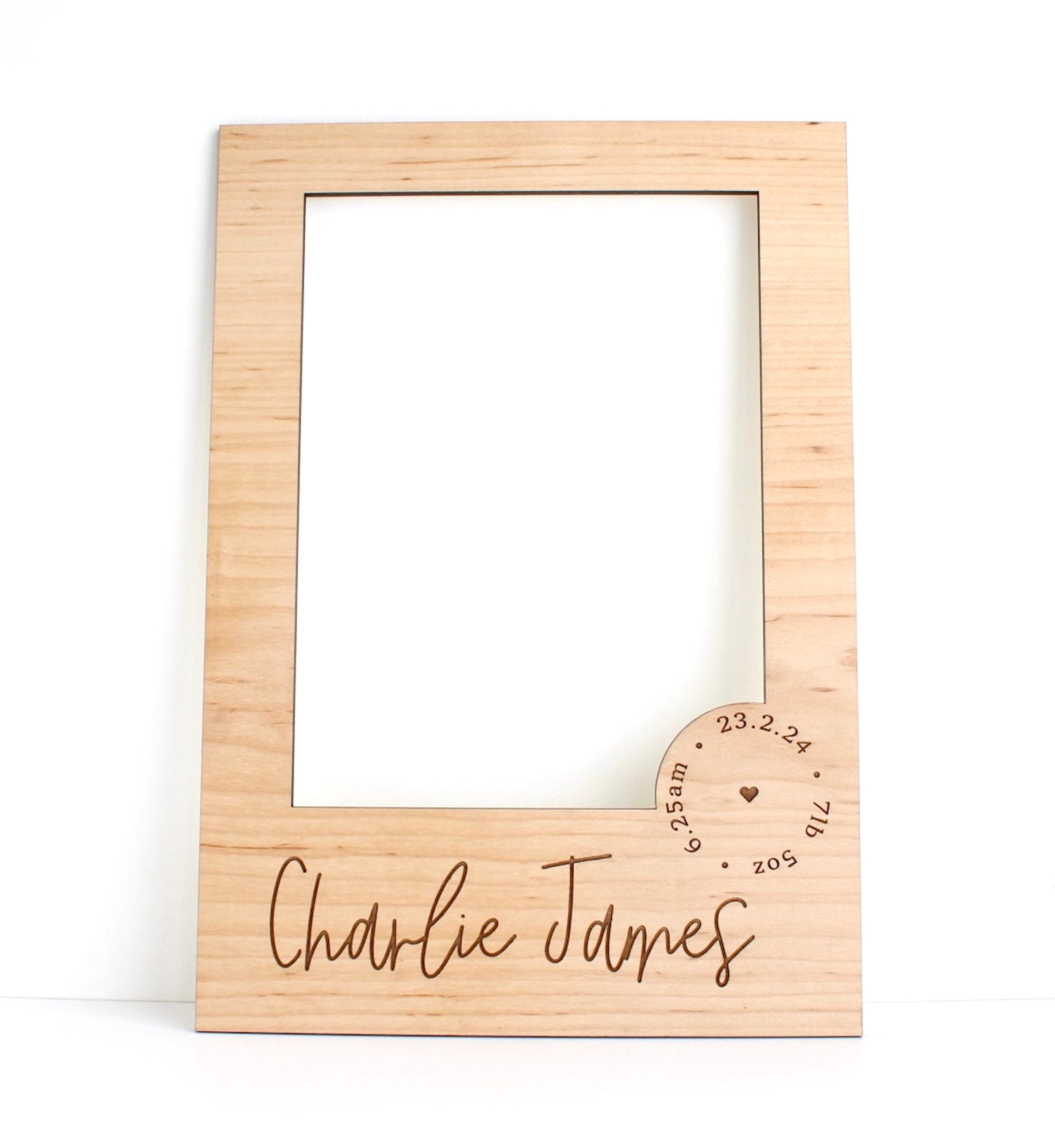 Personalised wooden picture mount for a new baby photo frame