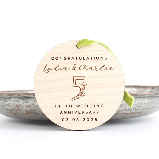 Personalised 5th Wedding Anniversary Ornament: Floral Engraved Keepsake