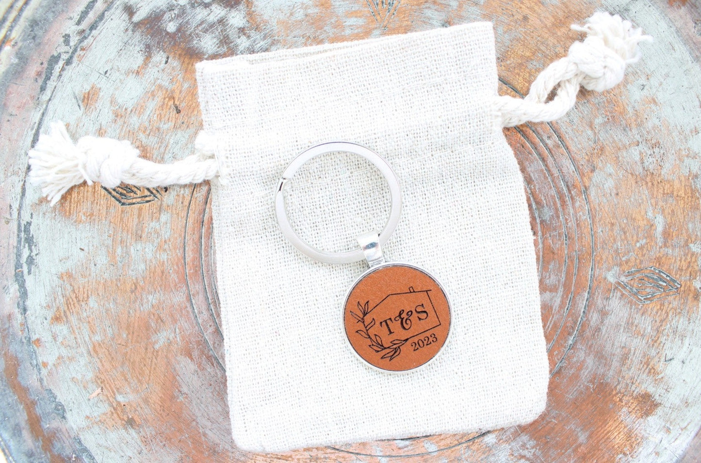 New home leather personalised keyring