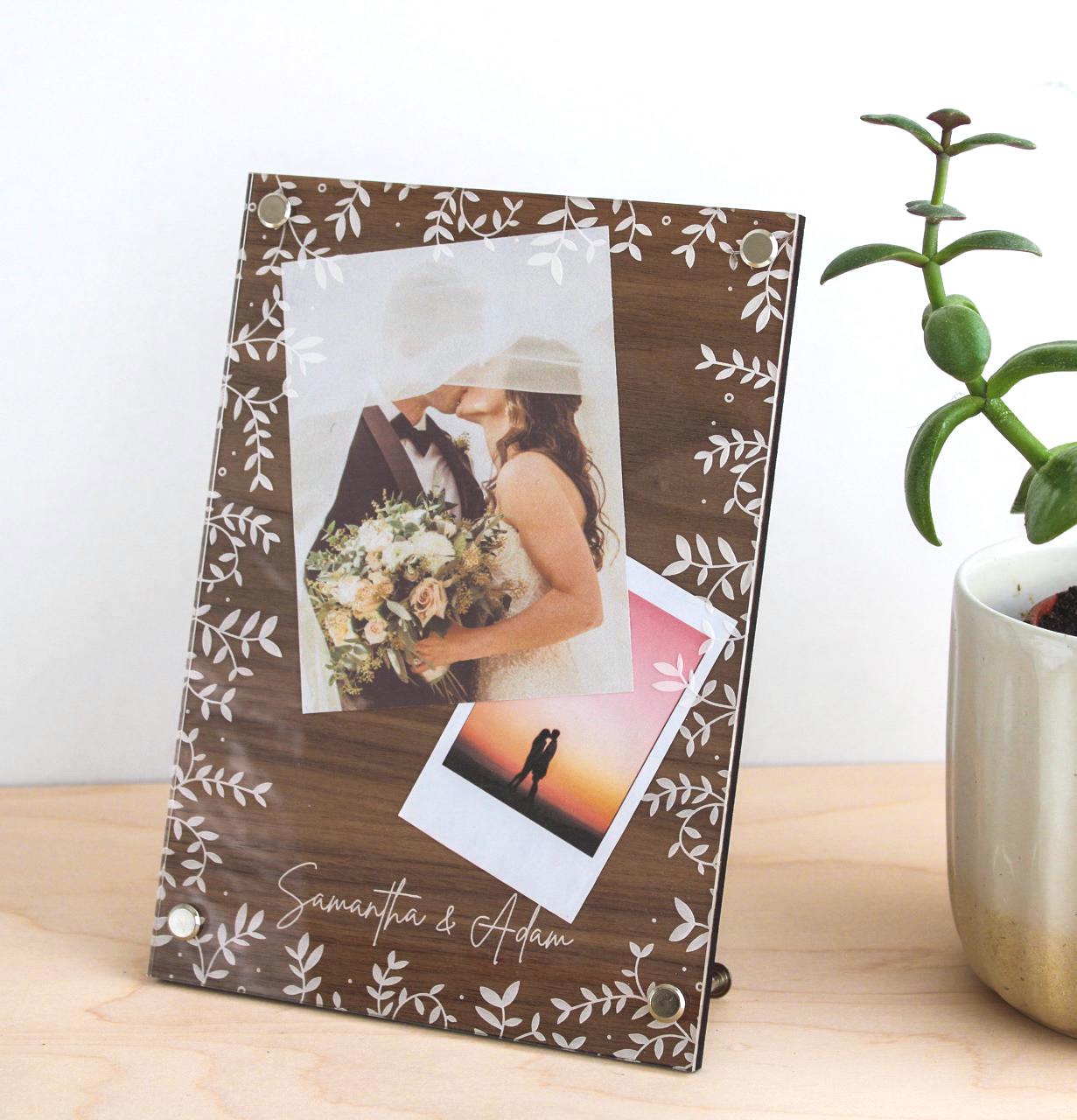 Wooden Floral Wedding Photo Frame: Custom Keepsake, 5th Wedding Anniversary Gift