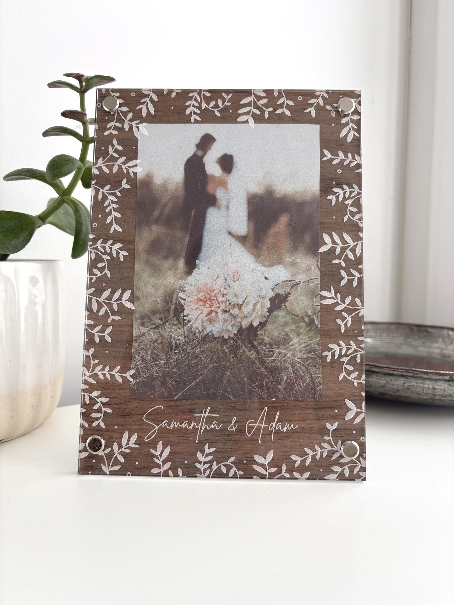 Wooden Floral Wedding Photo Frame: Custom Keepsake, 5th Wedding Anniversary Gift