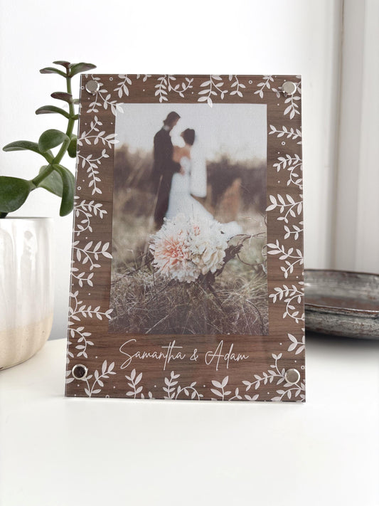 Wooden Floral Wedding Photo Frame: Custom Keepsake, 5th Wedding Anniversary Gift