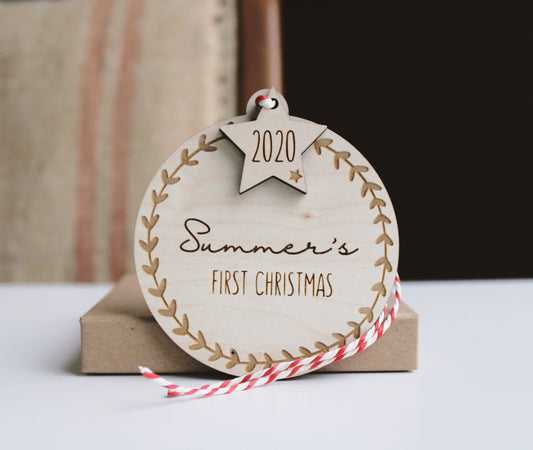 Wooden First Christmas bauble decoration