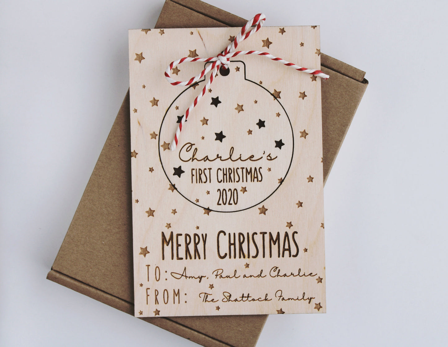 Wooden postcard with removable decoration, Christmas letterbox gift