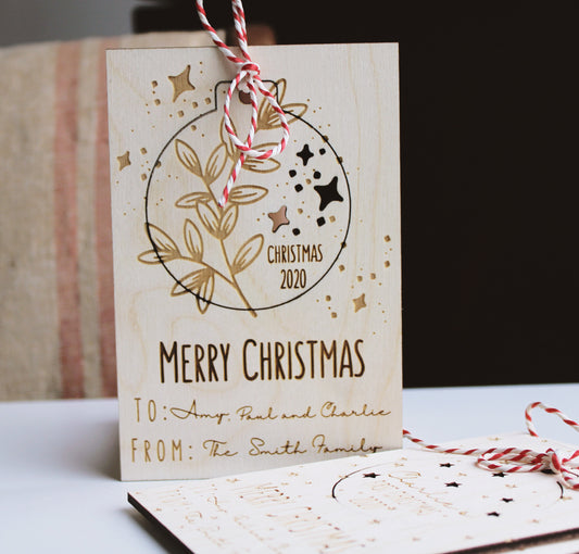 Wooden postcard with removable decoration, Christmas letterbox gift