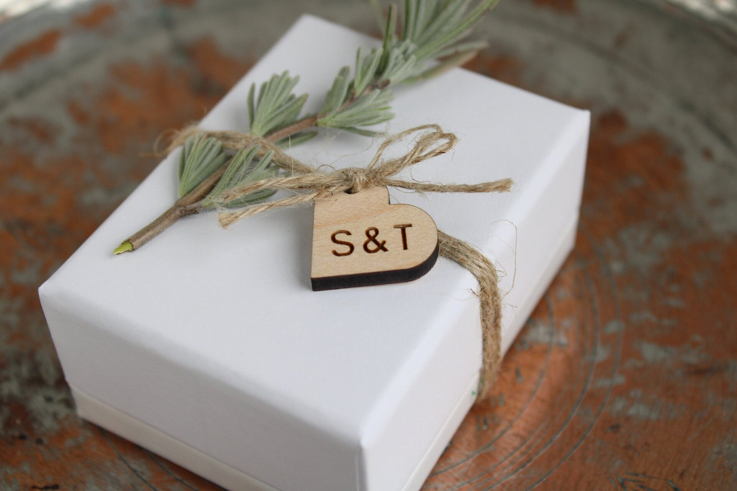 Wooden wedding favour tags engraved with initials