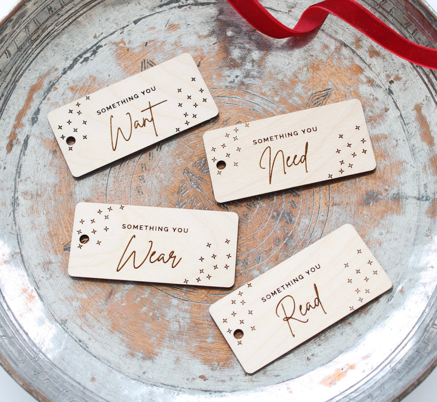 Something you want, need, wear, read gift tags, 4 gift rule tags, wooden gift tags