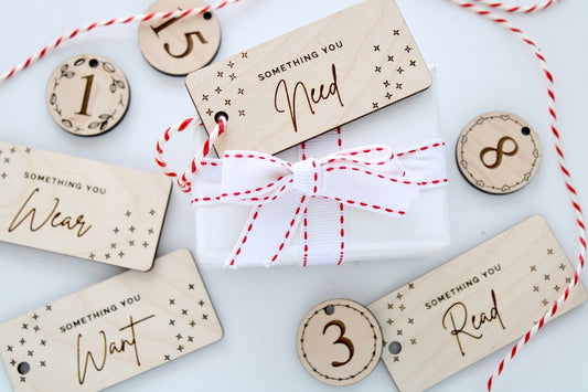 Something you want, need, wear, read gift tags, 4 gift rule tags, wooden gift tags