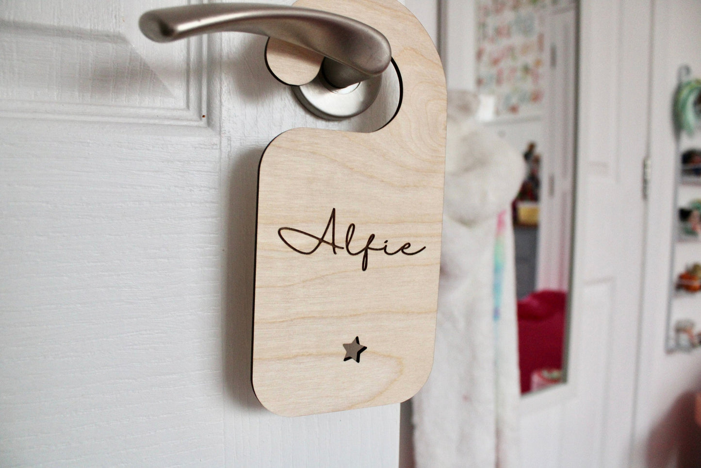 Wooden baby name door hanger with star/heart cut-out