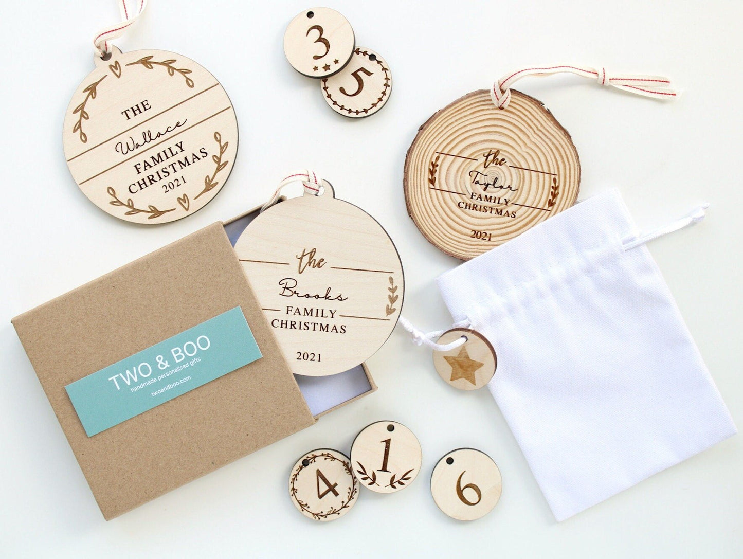 Wood Slice Family surname Christmas bauble