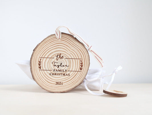 Wood Slice Family surname Christmas bauble